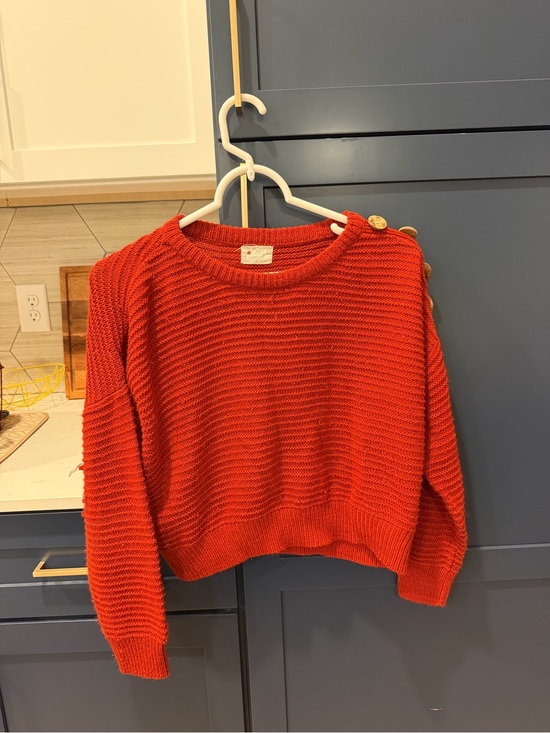 Sweaters - Red Crewneck Knit Sweater with Button Detail